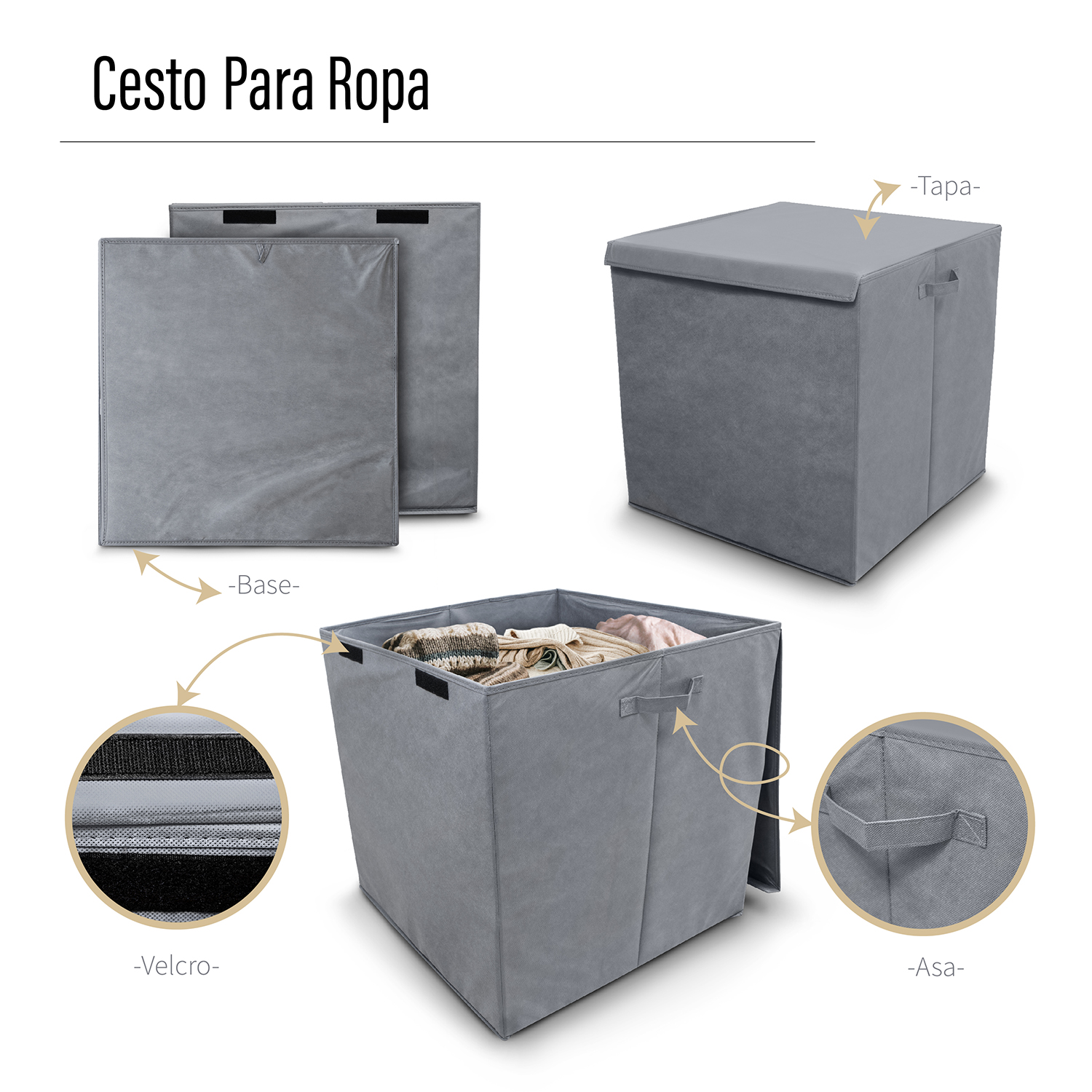 Cesto de ropa sucia con tapa gris cuadrado