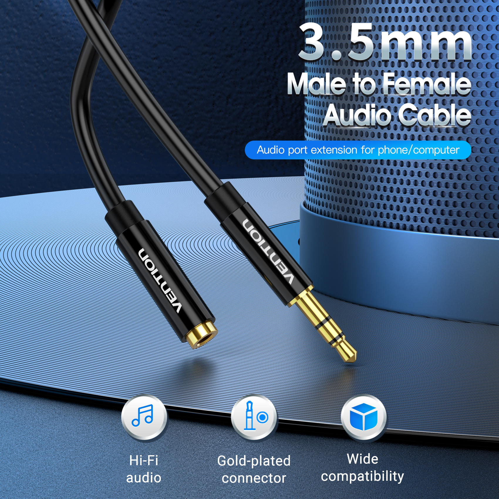 Cable de Audio Extension Vention Auxiliar 3.5mm Macho a Hembra PVC 1m