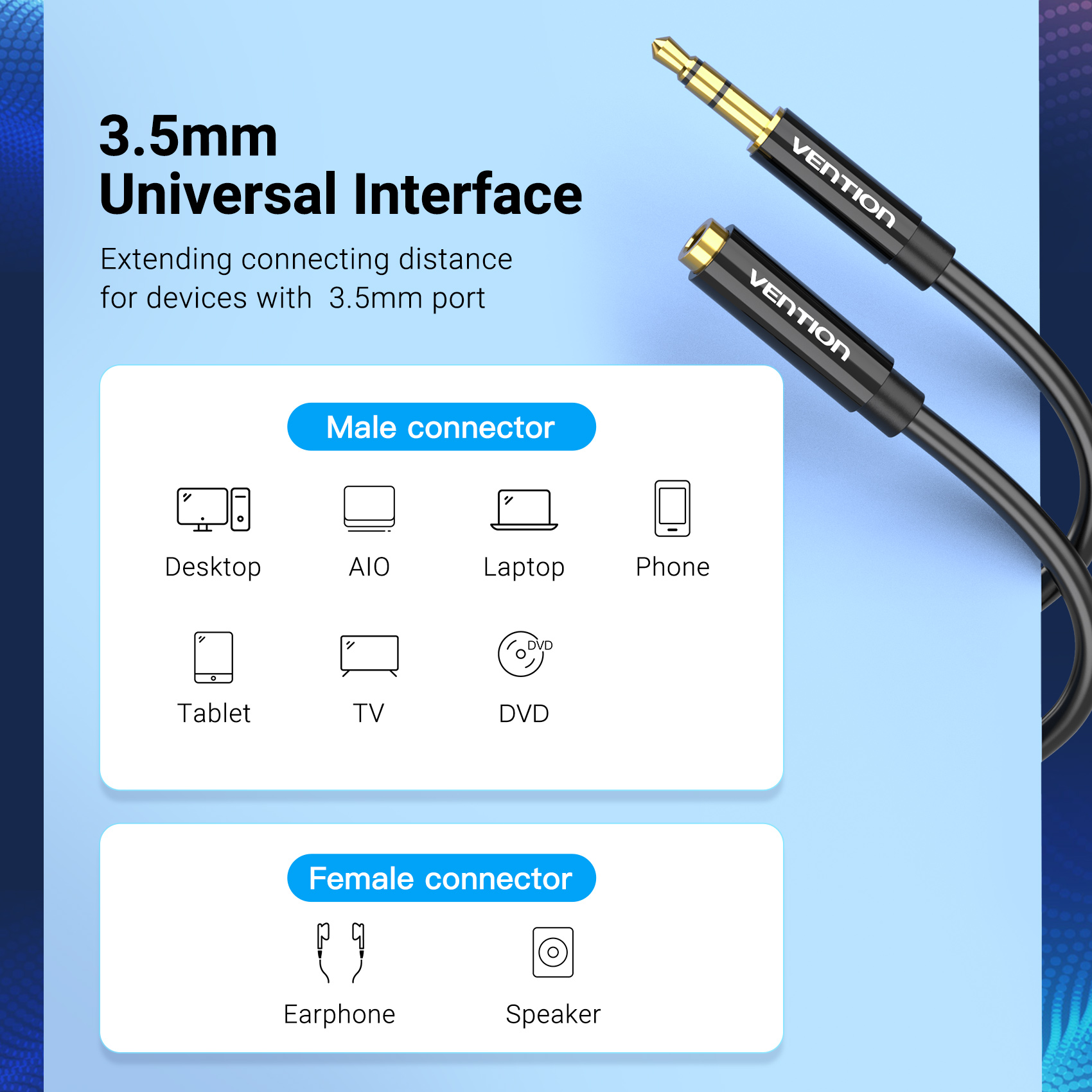 Cable de Audio Extension Vention Auxiliar 3.5mm Macho a Hembra PVC 1m