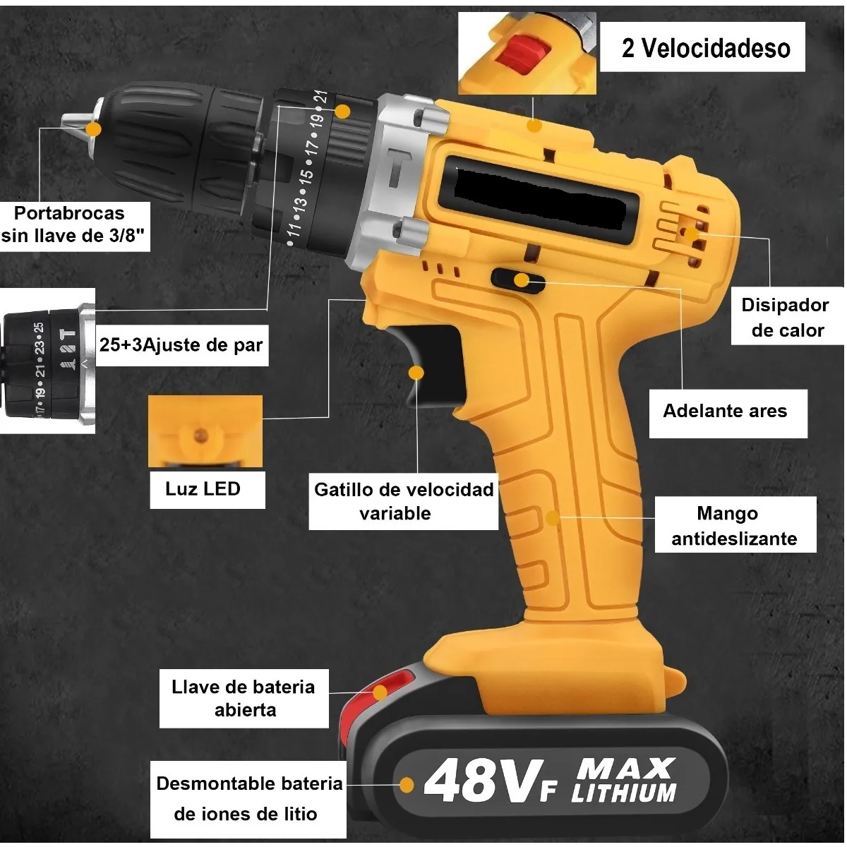 Taladro Atornillador De Impacto Inalámbrico Con 2 Baterías Amarillo c/Estuche