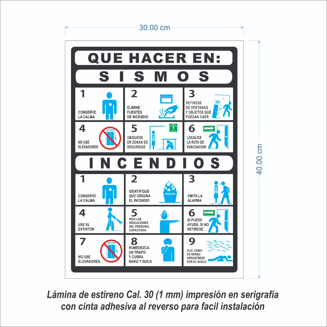 Señalamiento En Caso De Sismo E Incendio En Serigrafia Marca IMPRIME  10 Pzas 40 X 30cm