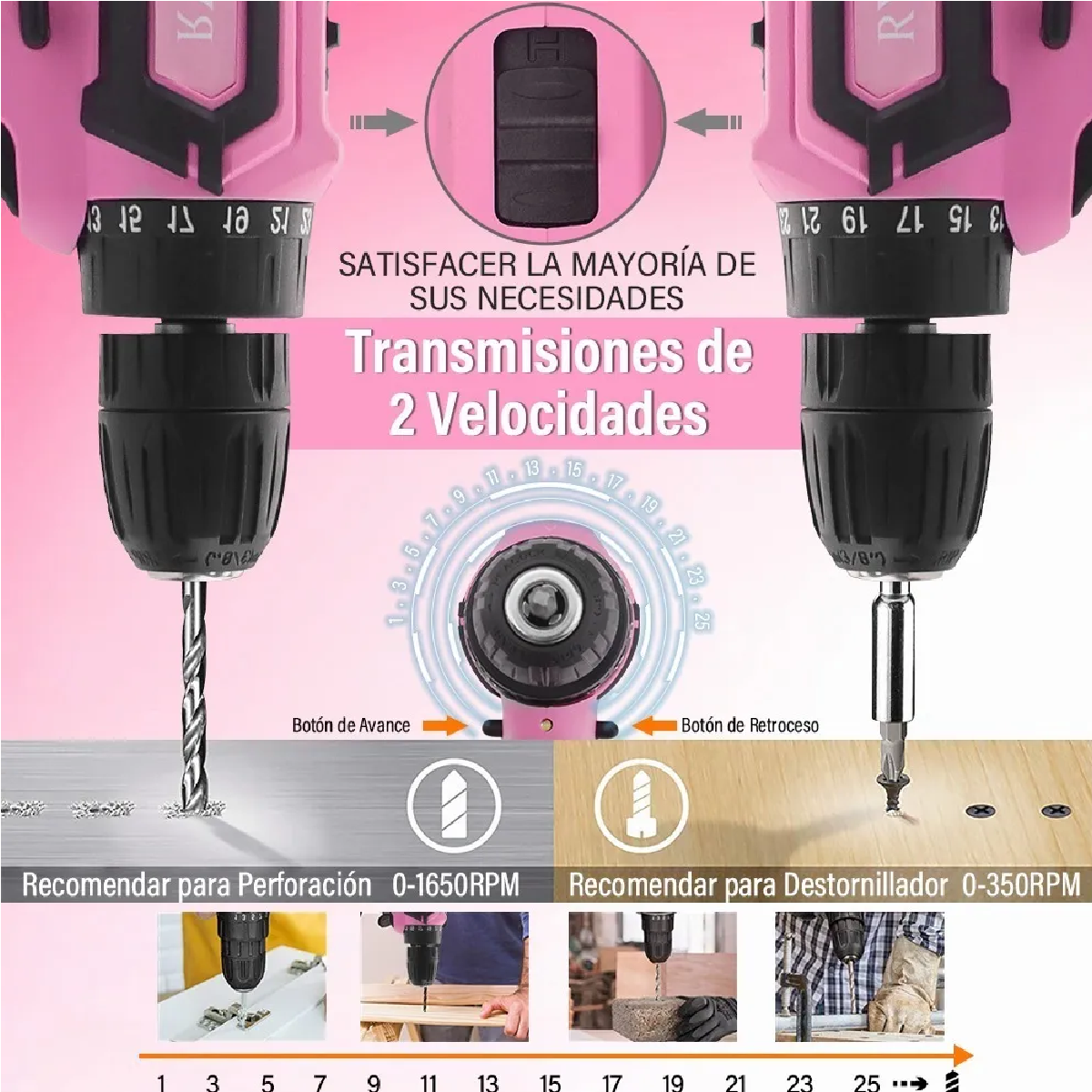 Kit Taladro Eléctrico Rosa 3e1 C/Estuche y Accesorios