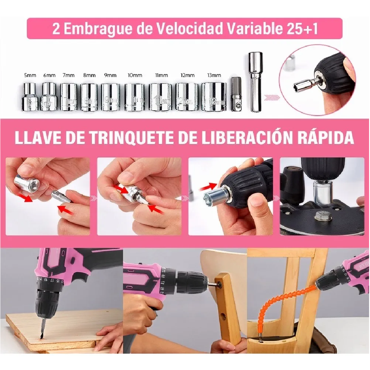 Kit Taladro Eléctrico Rosa 3e1 C/Estuche y Accesorios