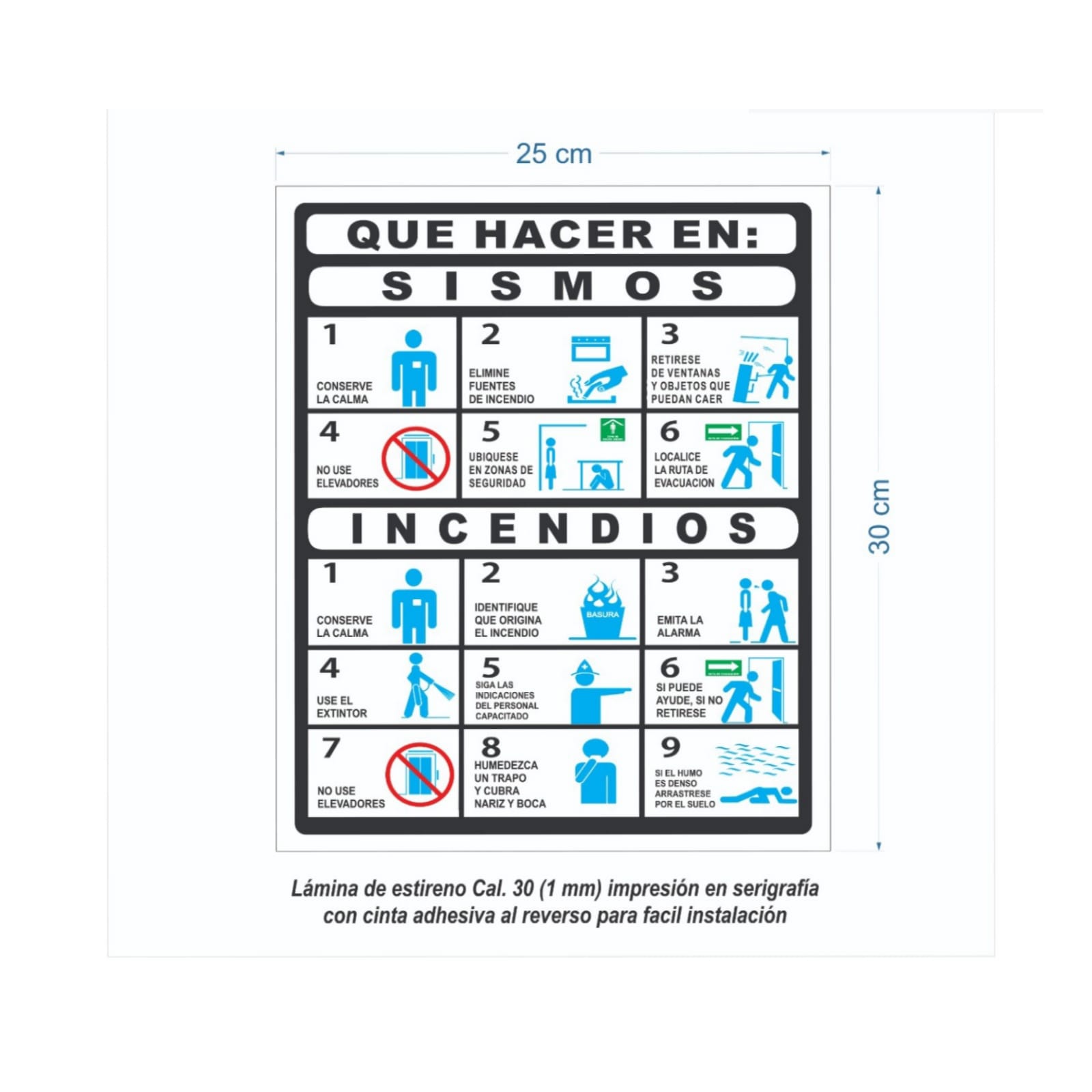 Señalamiento En Caso De Sismo E Incendio en Serigrafia Marca IMPRIME 25 Pzas 25 X 30cm	