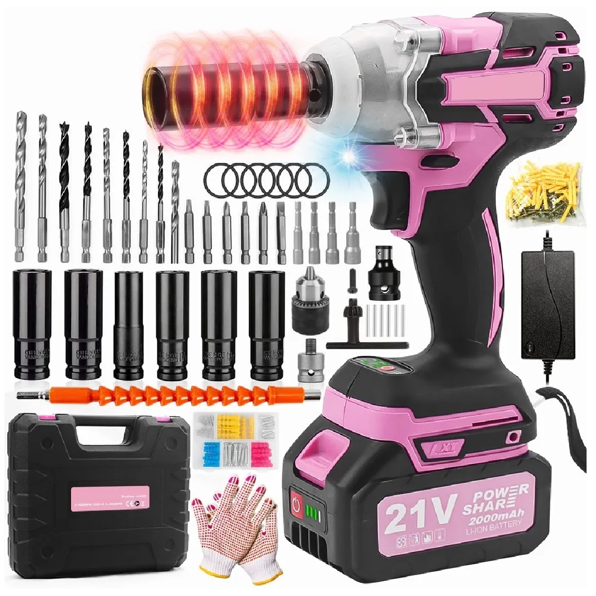 Kit Completo Llave De Impacto 1/2 Sin Escobilla,Rosa y estuche.