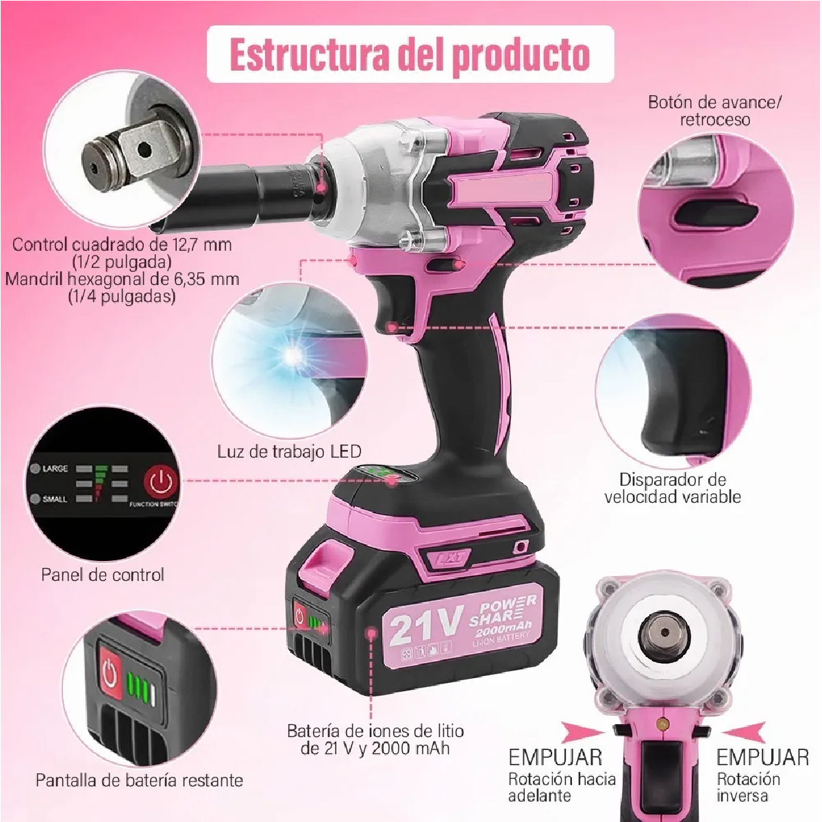 Kit Completo Llave De Impacto 1/2 Sin Escobilla,Rosa y estuche.