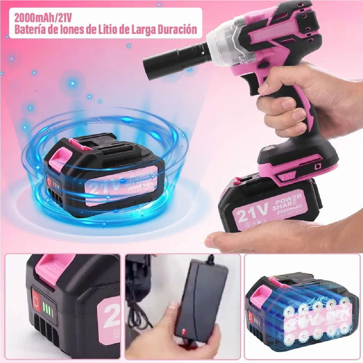 Kit Completo Llave De Impacto 1/2 Sin Escobilla,Rosa y estuche.