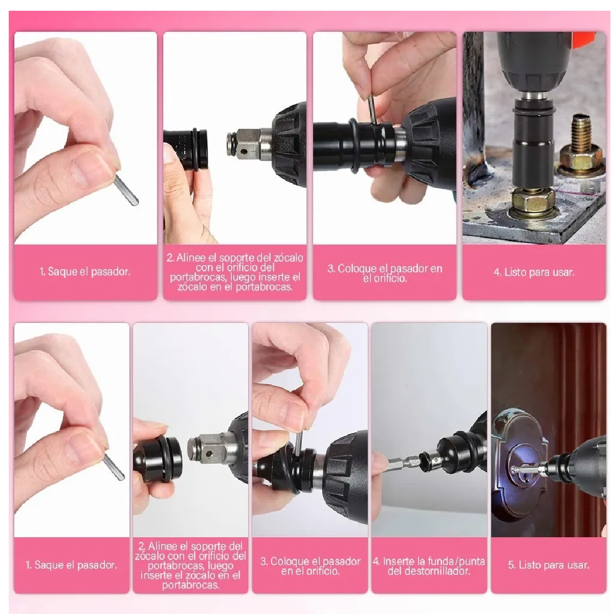 Kit Completo Llave De Impacto 1/2 Sin Escobilla,Rosa y estuche.