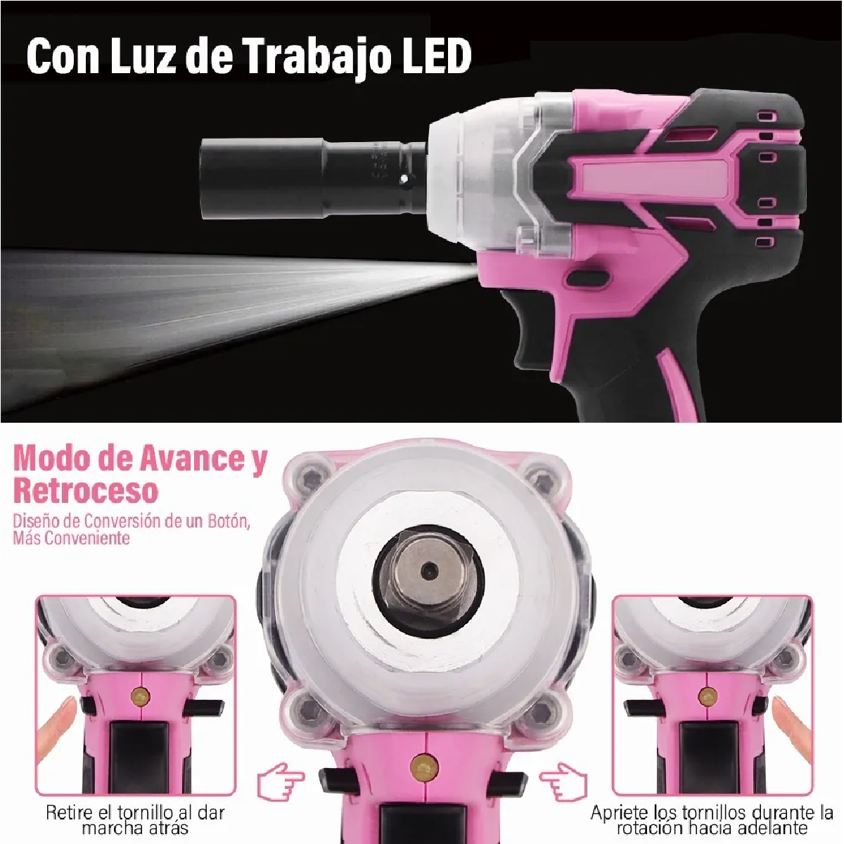 Kit Completo Llave De Impacto 1/2 Sin Escobilla,Rosa y estuche.