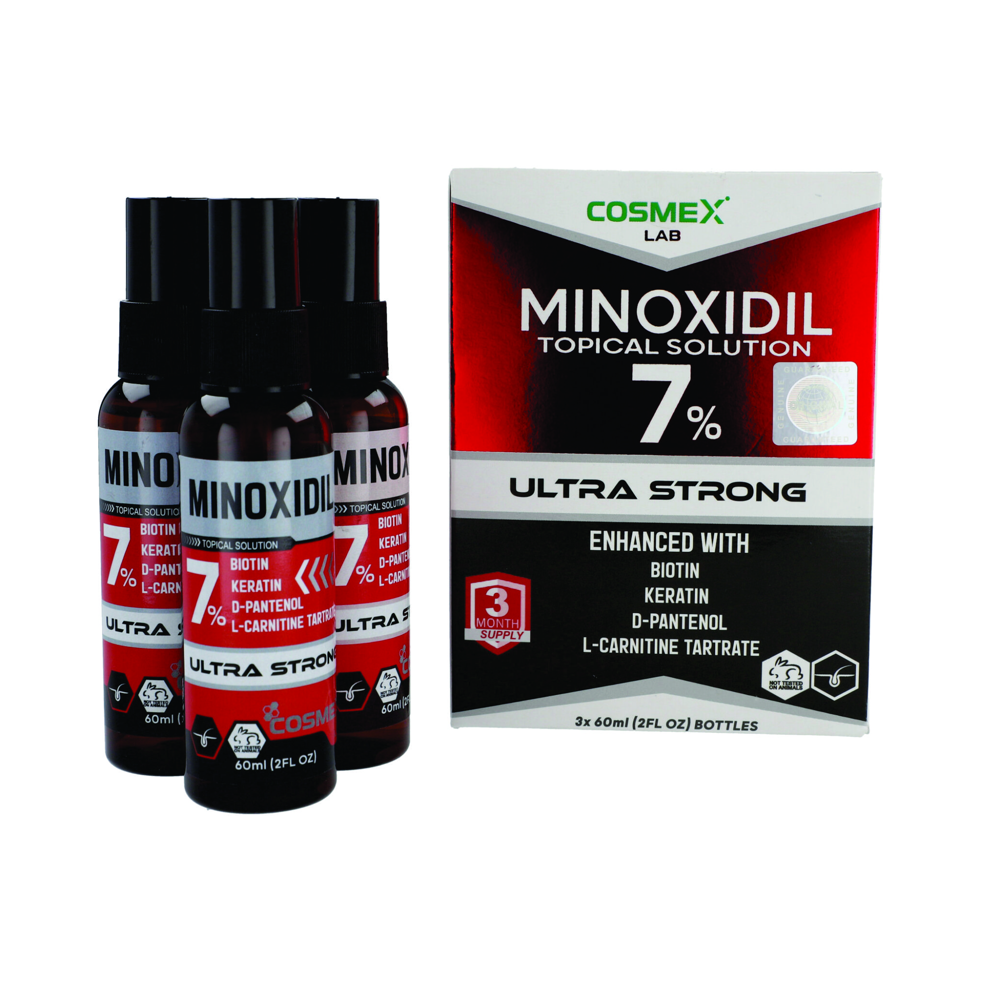 Loción MINOXIDIL AL 7% Fortificado con Biotina para Crecimiento de Cabello 3 meses.