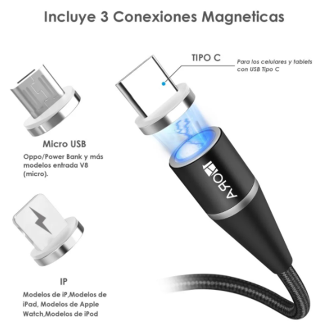 Cable Magnético Imán 3en1 Carga Rápida V8 Tipo C iPhone 1 hora