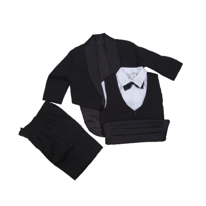Frac elegante para niño en color negro, incluye moño, chaleco y camisa
