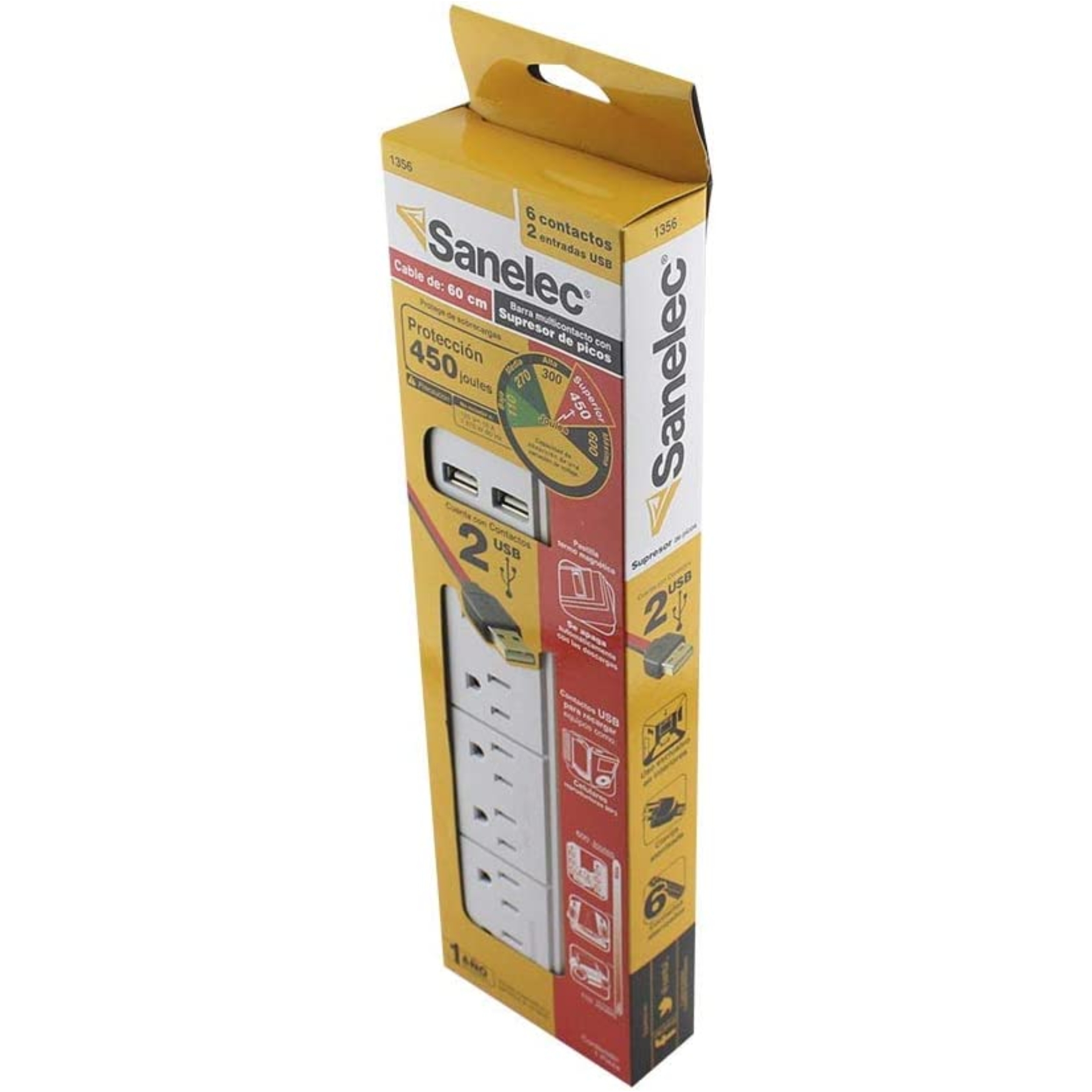 Barra Multicontacto con Supresor 6 Entradas 1356 Sanelec SMAC - BLANCO