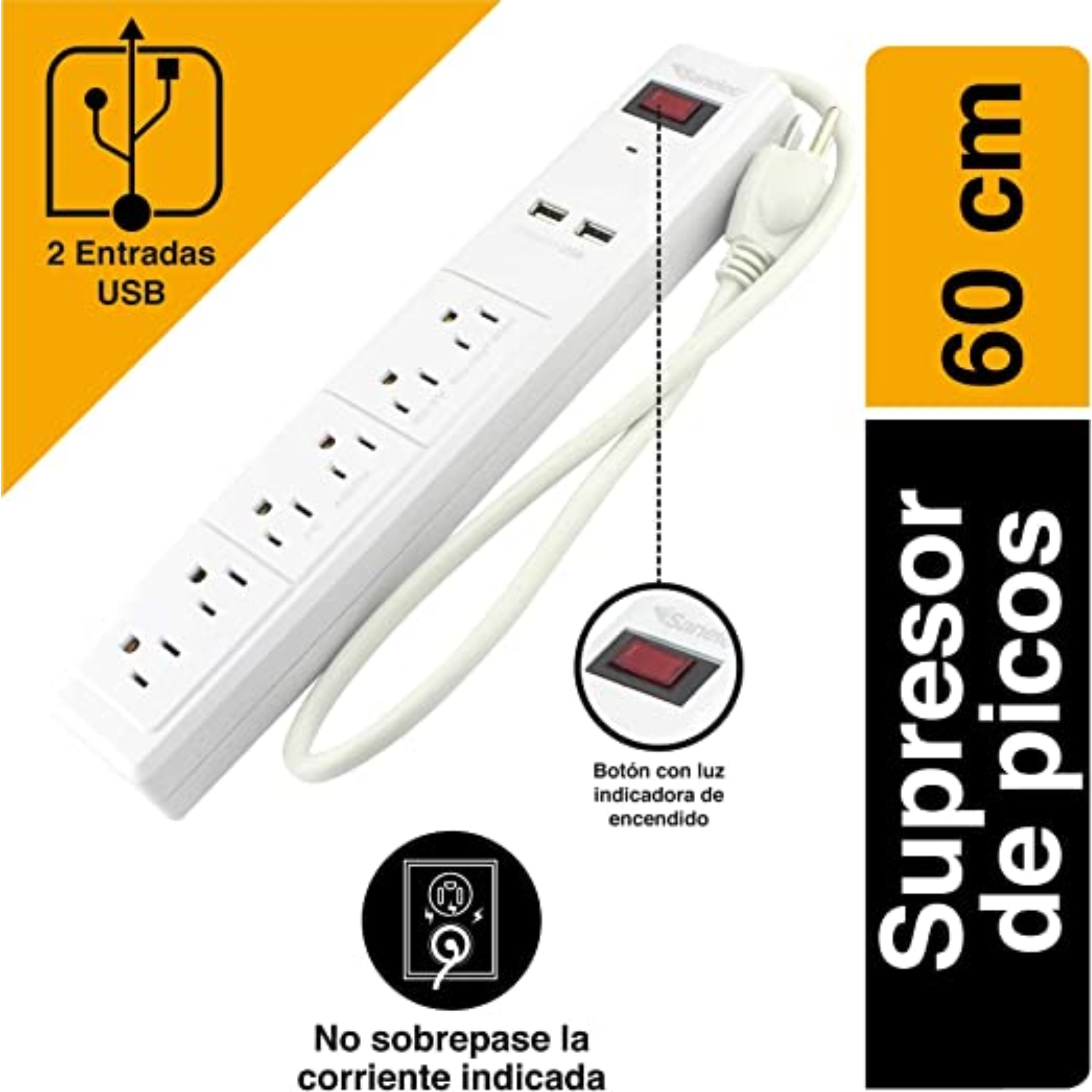 Barra Multicontacto con Supresor 6 Entradas 1356 Sanelec SMAC - BLANCO