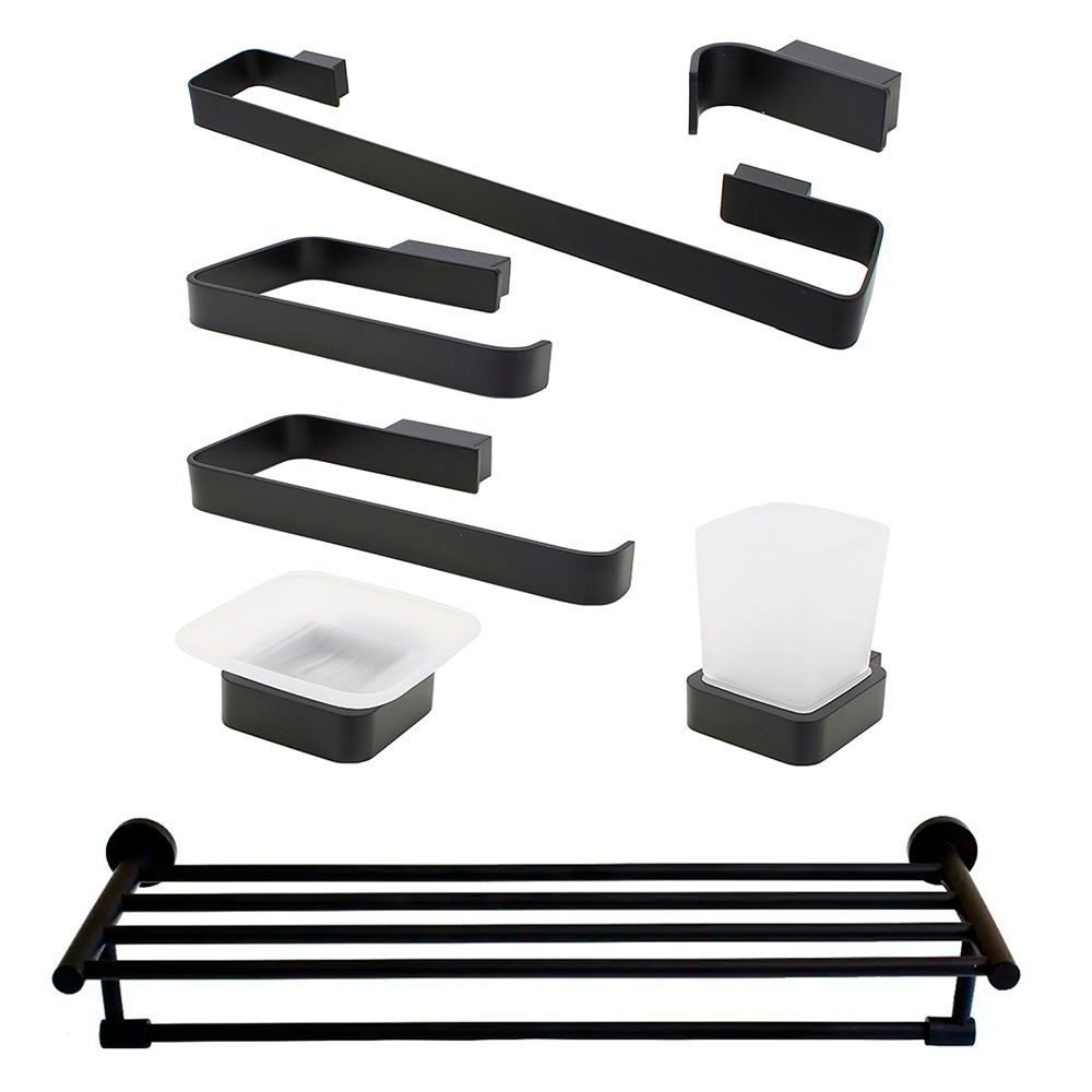 Juego De Baño 7 Piezas Con Barra Doble Negro Mate Cuadrado 