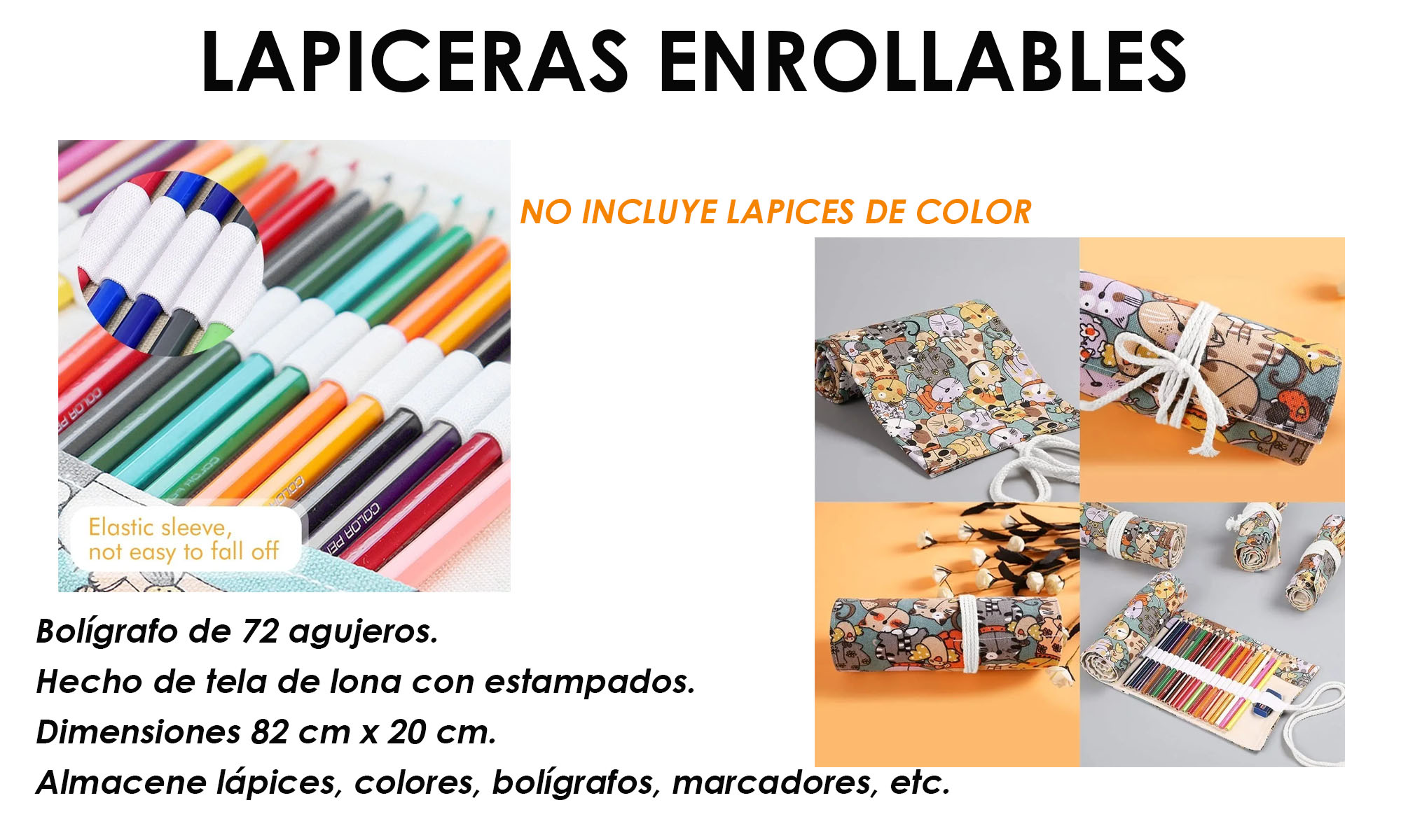 Lapicera Estuche Estuchera Enrollable de Lona 72 Agujeros Para colores lapices
