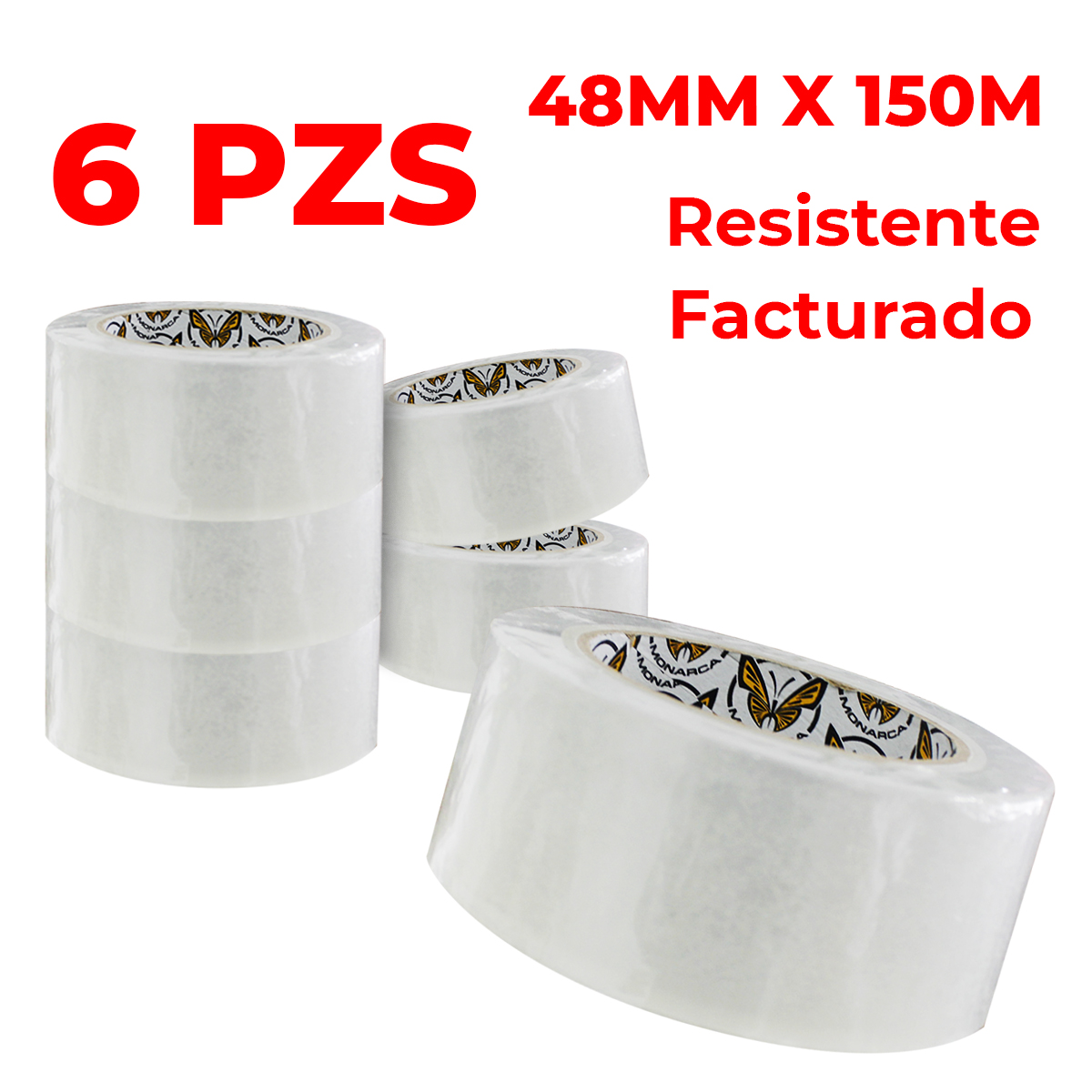Caja 6 pzs Cinta Adhesiva Oficina Mudanzas Empaque y Embalaje 150 M Calidad Transparente Reforzada Monarca 
