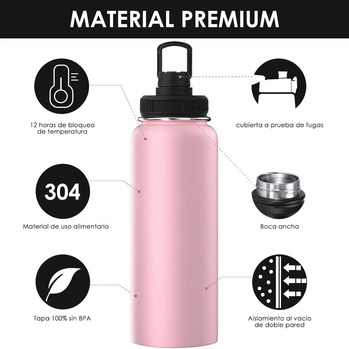 Botella De Agua Fría/caliente De Acero Inoxidable De 1.2 L Rosa