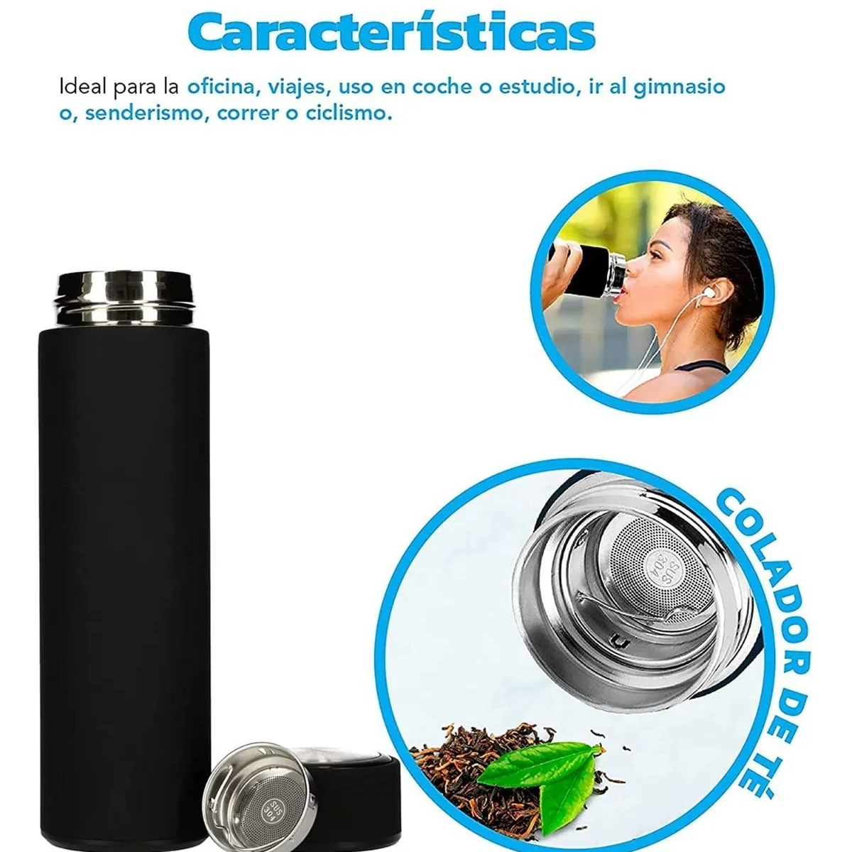 Termo Botella Acero Inoxidable 500 Ml Vaso Térmico Café Té Blanco Negro