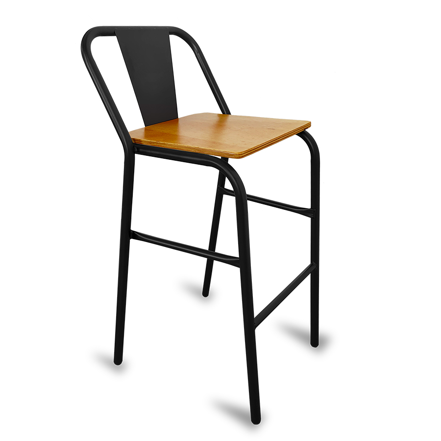 Bancos metálicos para barra de bar ó cocina Modelo Nisso con asiento de madera respaldo de Metal con lamina