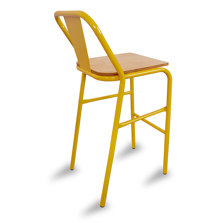 Bancos metálicos para barra de bar ó cocina Modelo Nisso con asiento de madera respaldo de Metal con lamina