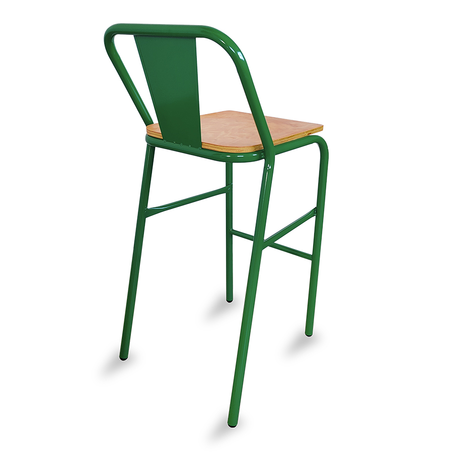 Bancos metálicos para barra de bar ó cocina Modelo Nisso con asiento de madera respaldo de Metal con lamina