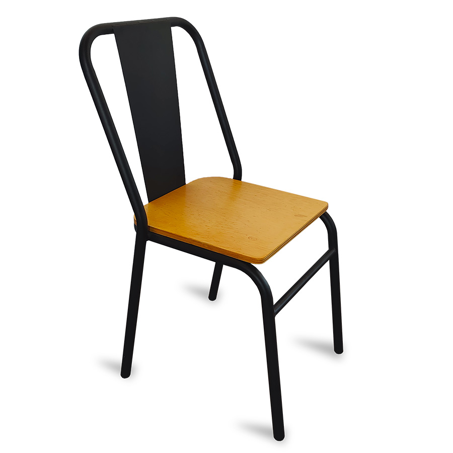 Sillas metálicas para restaurante, cafetería o comedor modelo Nisso con asiento de madera respaldo de Metal con lamina