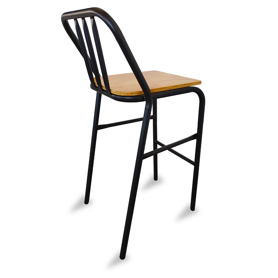 Bancos metálicos para barra de bar ó cocina Modelo Nisso con asiento de madera respaldo de Metal con tubo