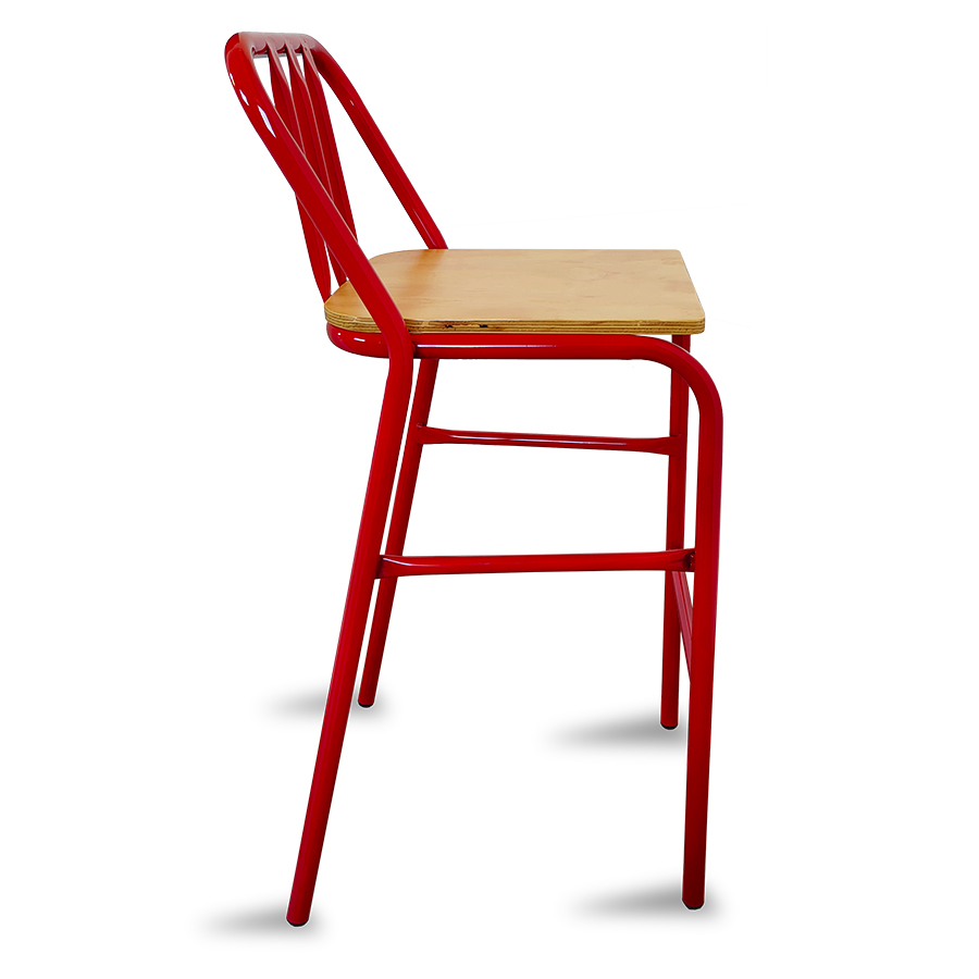 Bancos metálicos para barra de bar ó cocina Modelo Nisso con asiento de madera respaldo de Metal con tubo