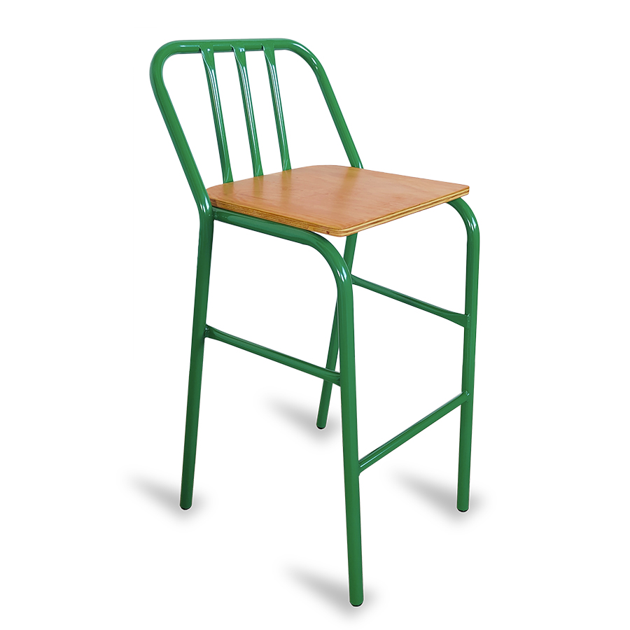 Bancos metálicos para barra de bar ó cocina Modelo Nisso con asiento de madera respaldo de Metal con tubo