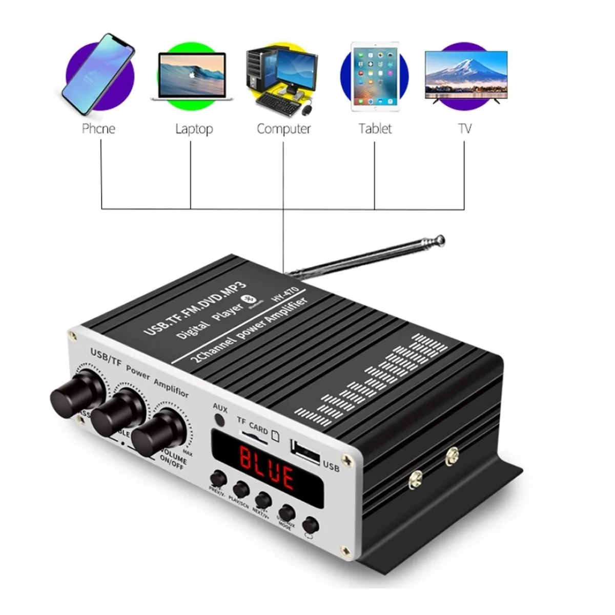 Amplificador Auto Moto Casa 12v Fm Usb Tf Bluetooth Aux Mp3