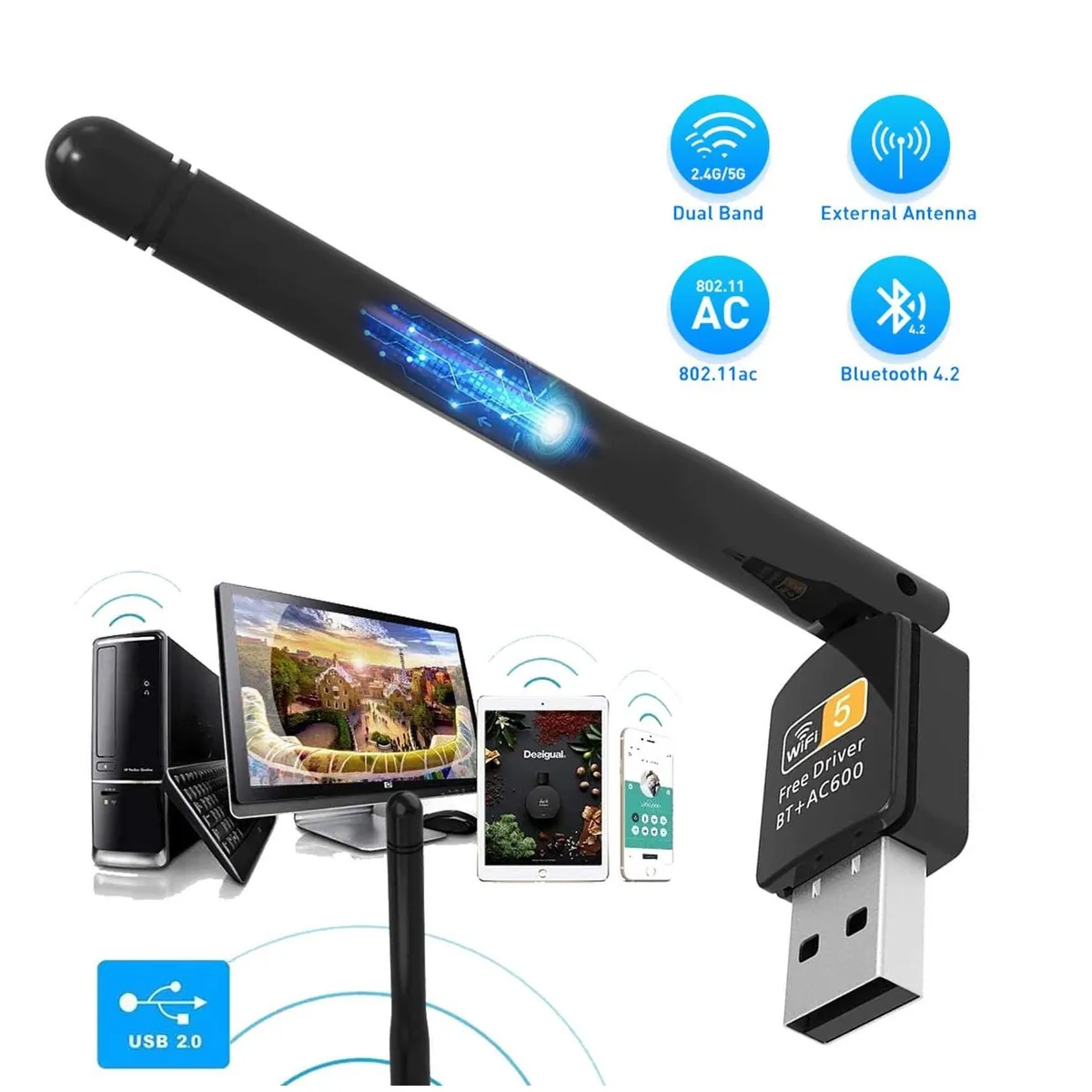 Antena Usb Wifi Adaptador Inalámbricade 600mbps Bluetooth