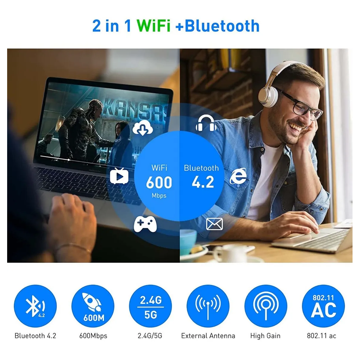 Antena Usb Wifi Adaptador Inalámbricade 600mbps Bluetooth