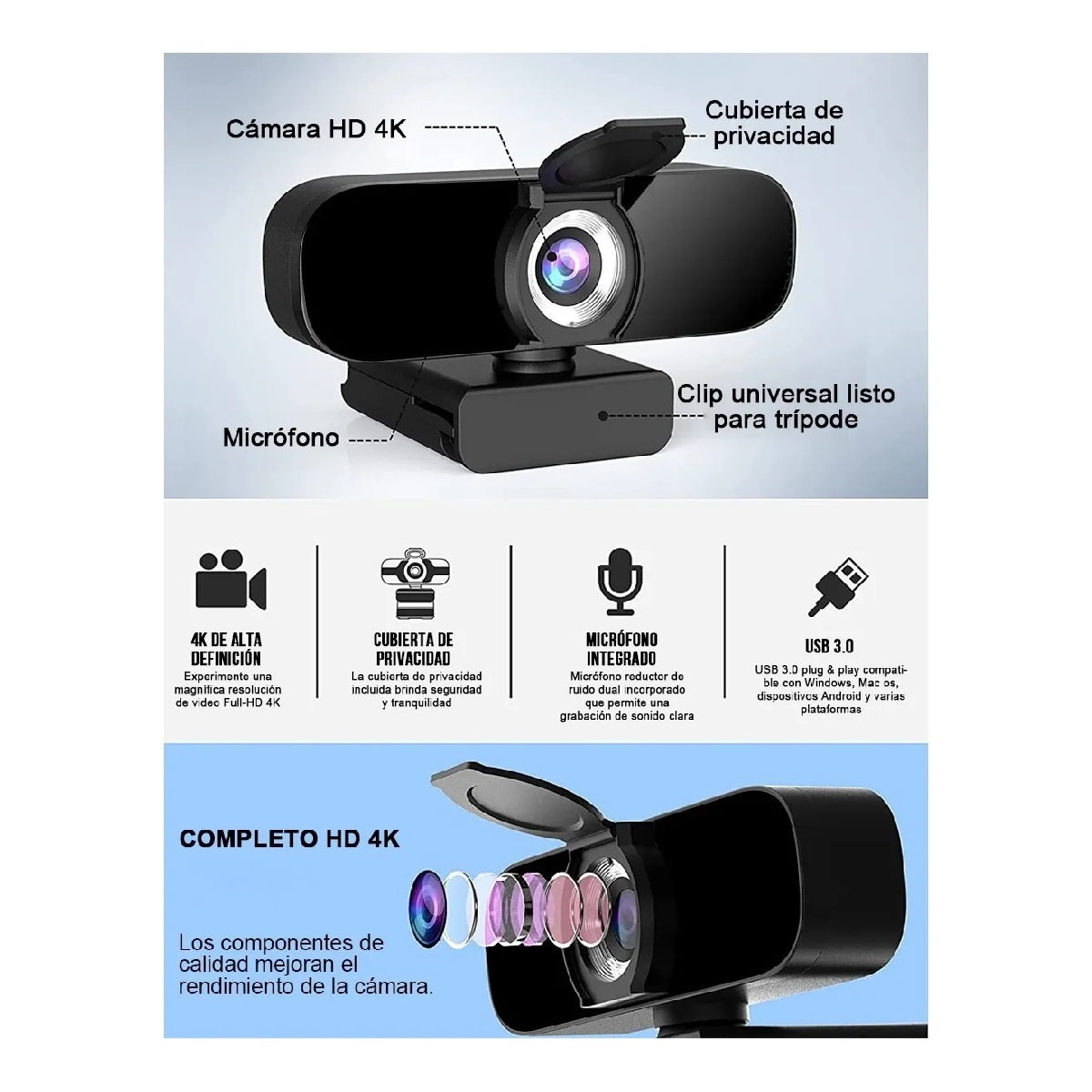 Cámara Web 4k Hd De 2160p Con Micrófono Y Enfoque Automático