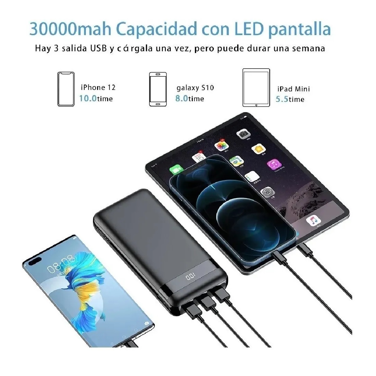 Powerbank Carga Rapida-30000mah Led Con Triple Salida Mofit