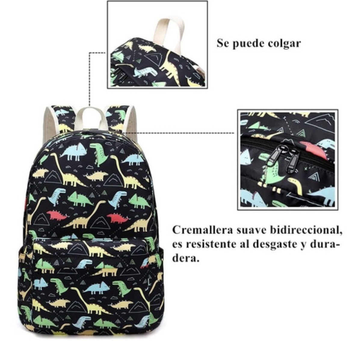 Set 3 Mochila Lonchera y Lapicera Escolar Dinosaurios Negra