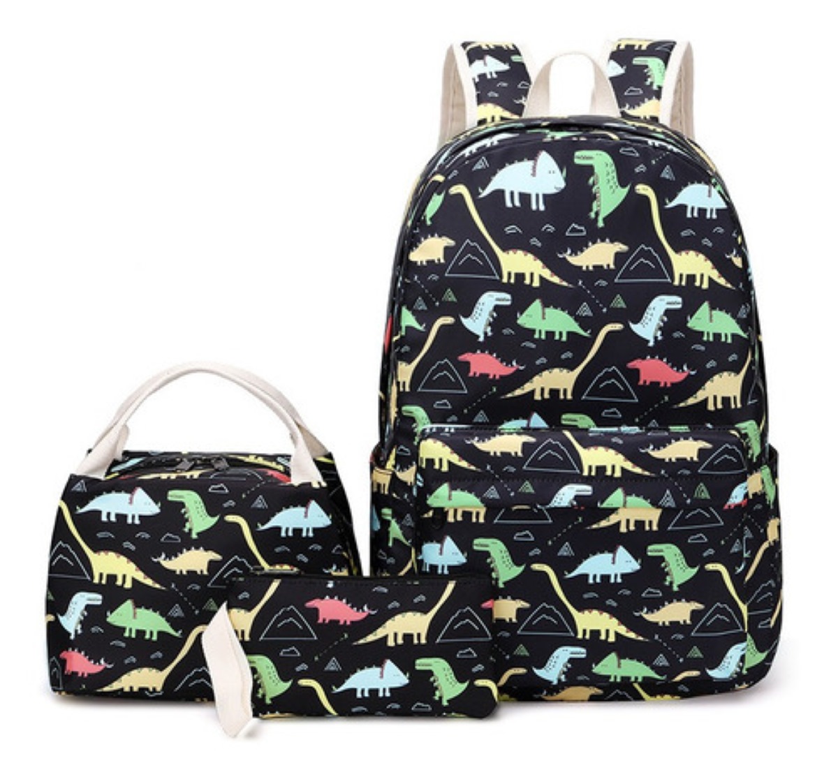 Set 3 Mochila Lonchera y Lapicera Escolar Dinosaurios Negra