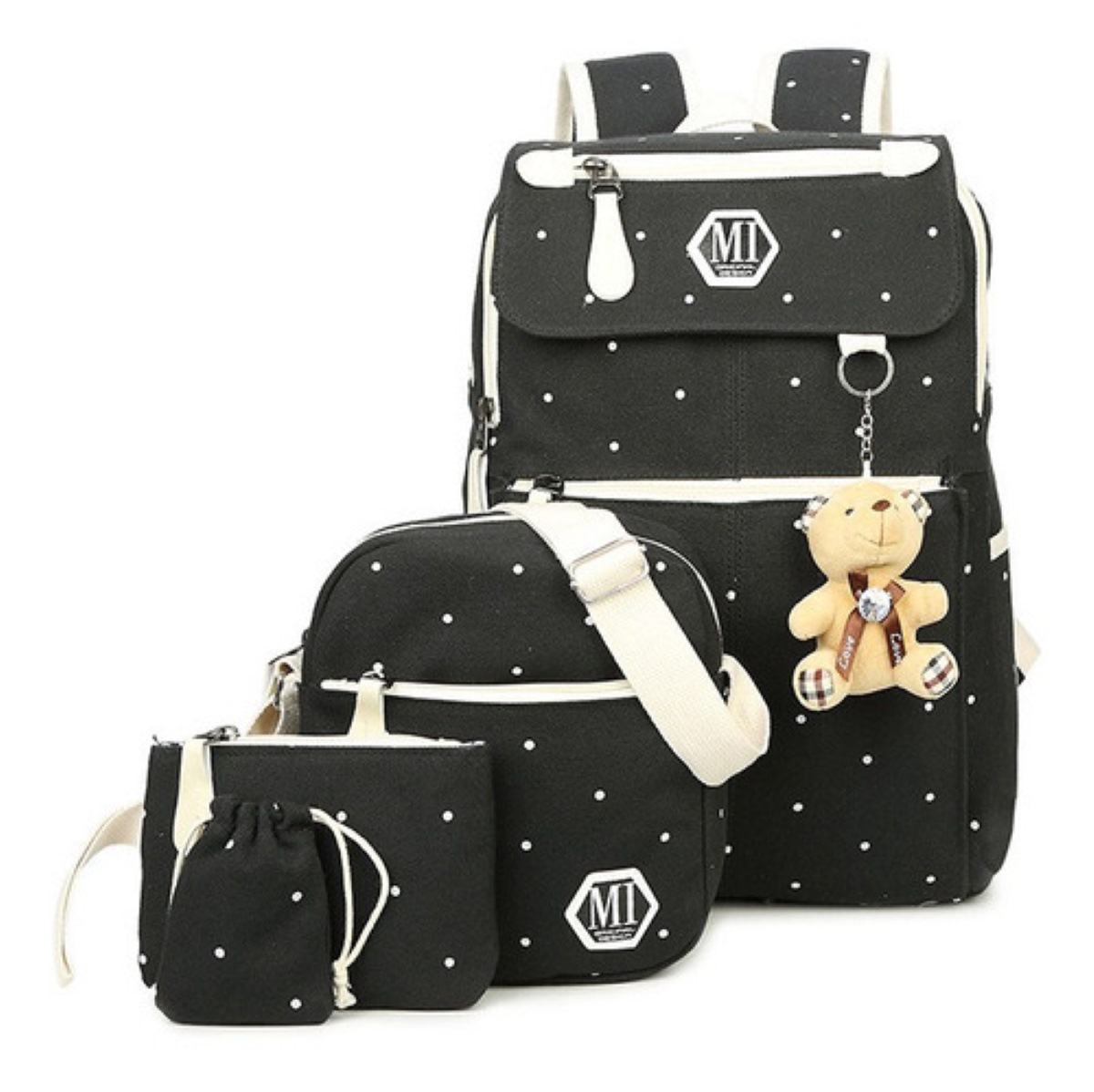 Set 4 Mochila Escolar Niña Negra con Puntos