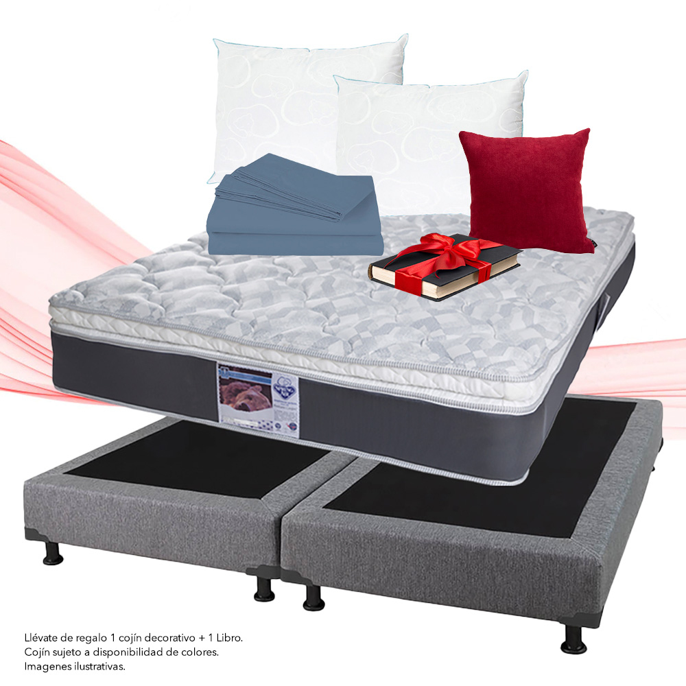 Colchón King Size Spring Air Marte con Box Dicasa Gris, Sábanas y 2  Almohadas Osos