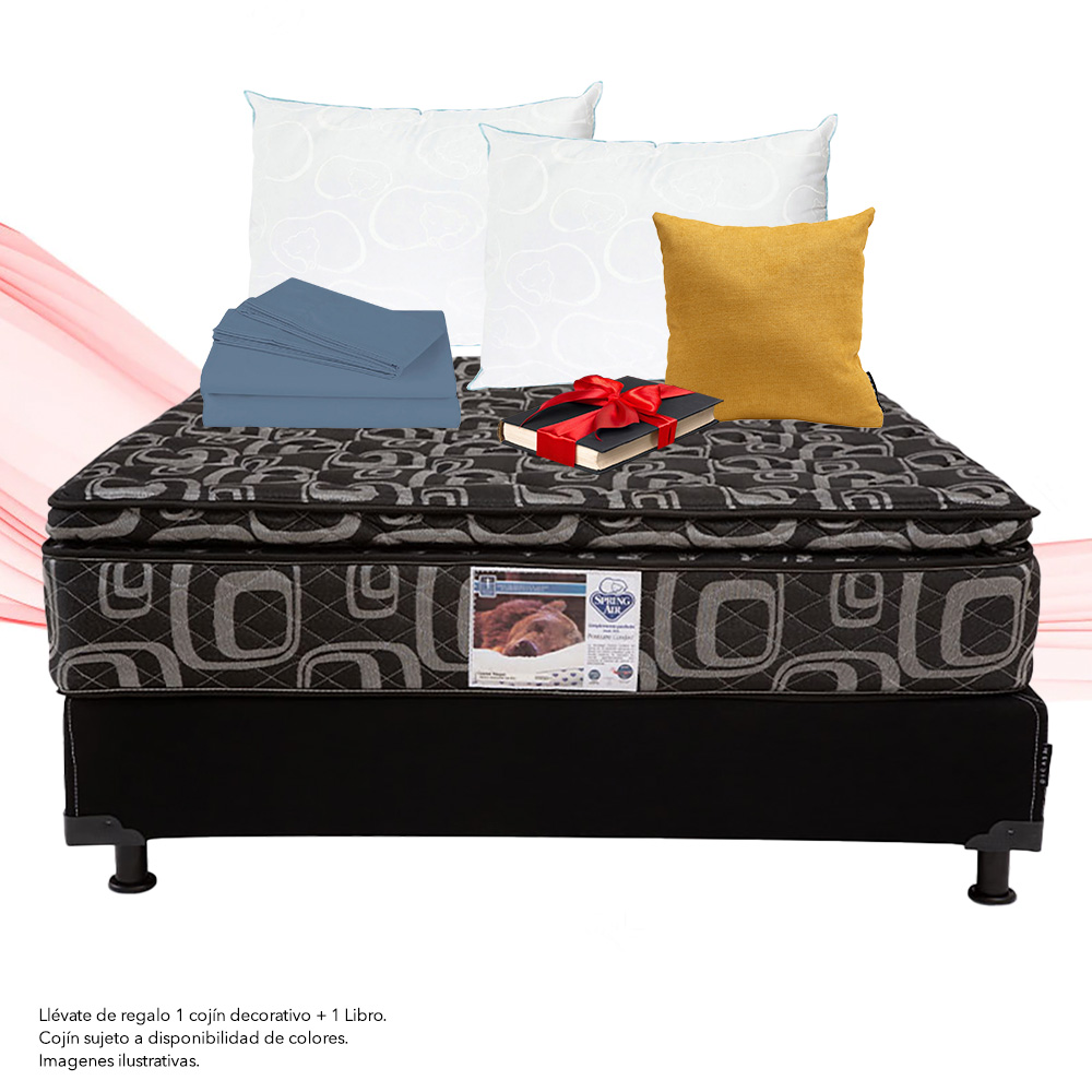 Colchón Queen Size Spring Air Morgan Con Box Negro, Sábanas y 2 Almohadas Osos