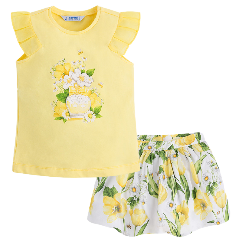 Conjunto de falda rizada y camiseta con manga tableada para niña marca Mayoral