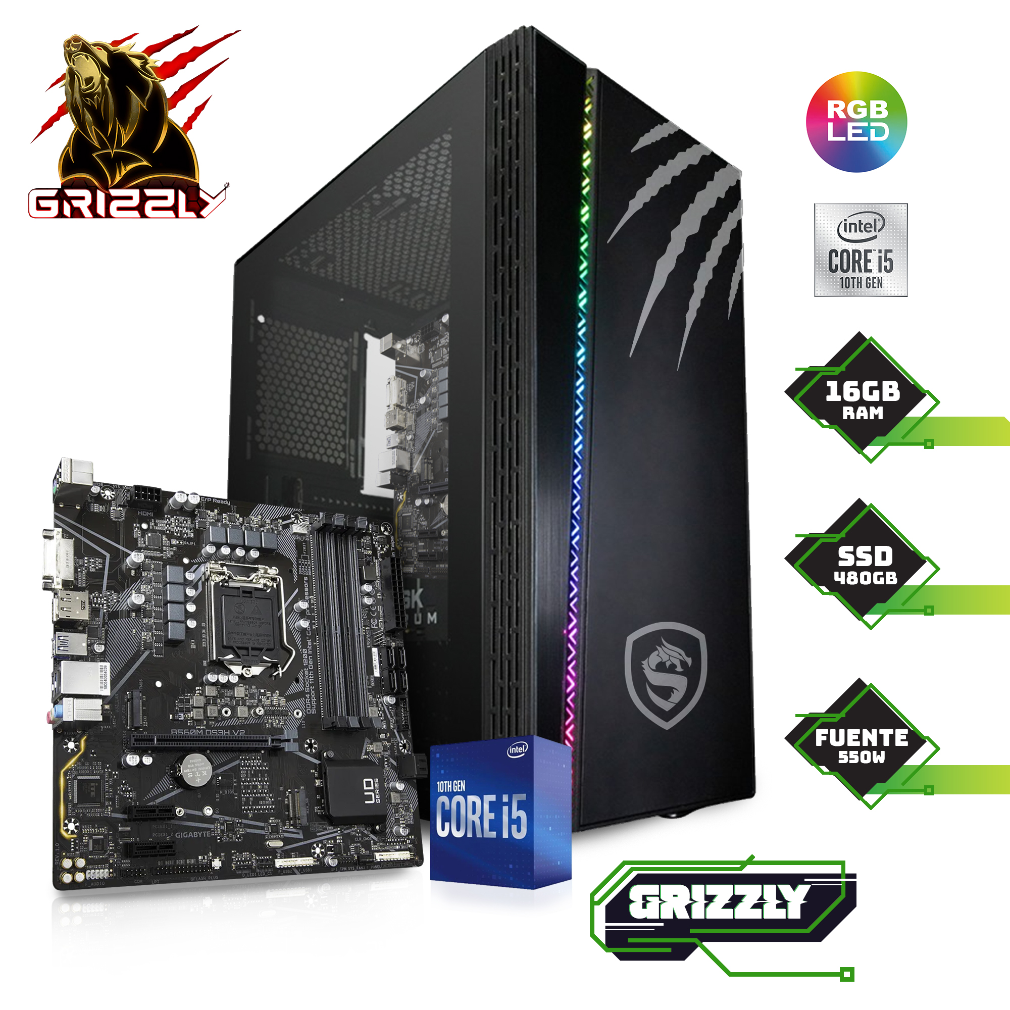 PC GAMER GRIZZLY INTEL CORE I5 10400 4.30GHZ B560 RAM 16GB SSD 480GB 550W 80+ SG-IC049