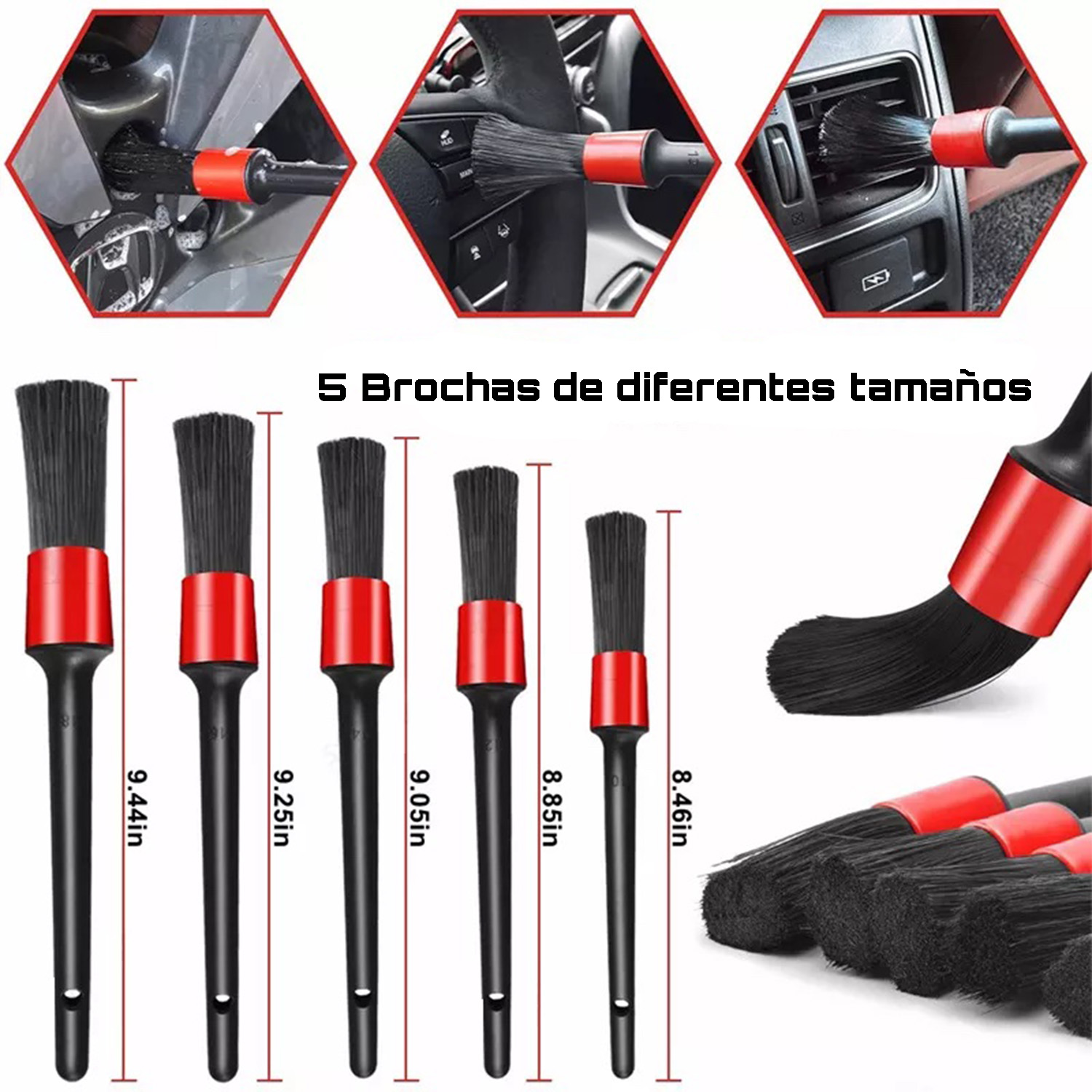 Kit de Limpieza para Coches con Cepillos para detallado Interior y Exterior, Toalla y Guante Microfibra