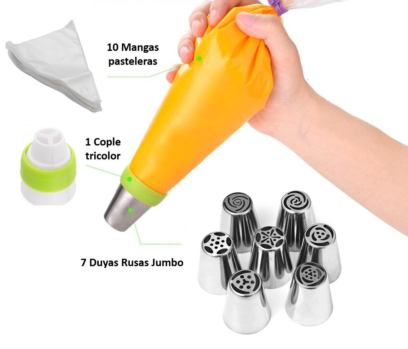 Juego 7 Duyas Rusas Jumbo con Cople Tricolor y 10 Mangas Pasteleras 