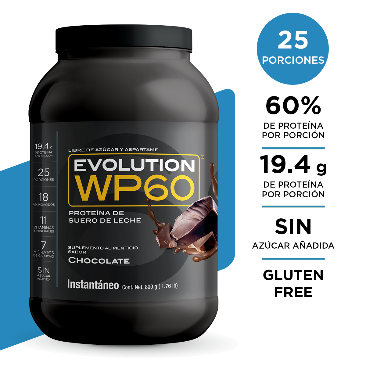 EVOLUTION. Proteína de Suero de Leche, WP60, Whey Protein, 800 GR (Sabor Chocolate)