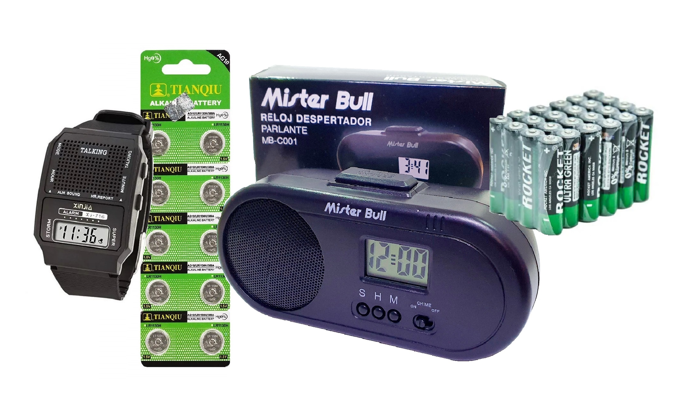 Set Reloj Talking Parlante Voz En Español Mas Despertador + 10 Pilas AG10 + 24 Pilas AA