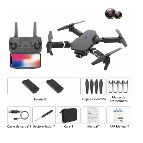 Drone Con Par Cámara 4k Quadcopter + 2batería Negro Control Remoto
