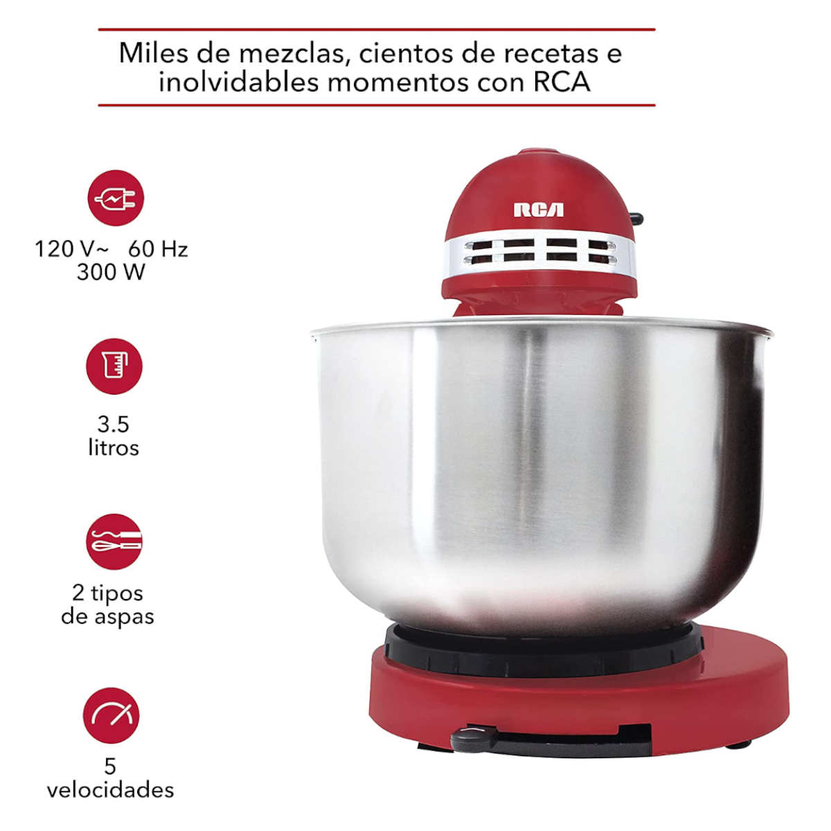 Batidora de Pedestal RCA RC-799R 5 Vel 3Lt 300W tazón Inox