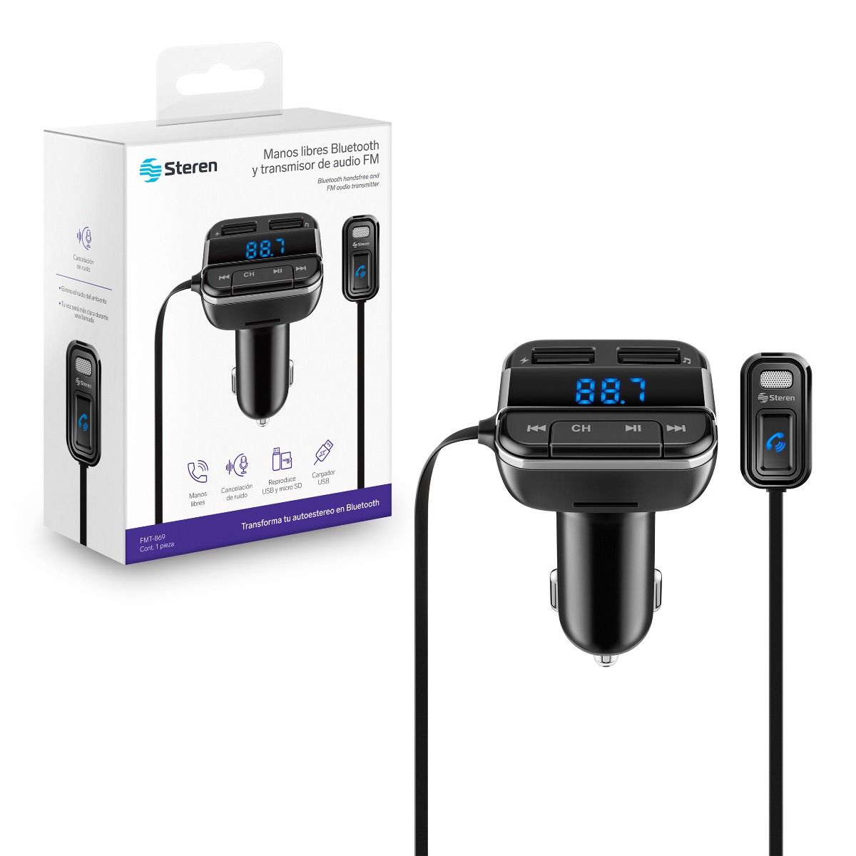 Transmisor Fm Bluetooth Cancelador Ruido Usb Mp3 Steren