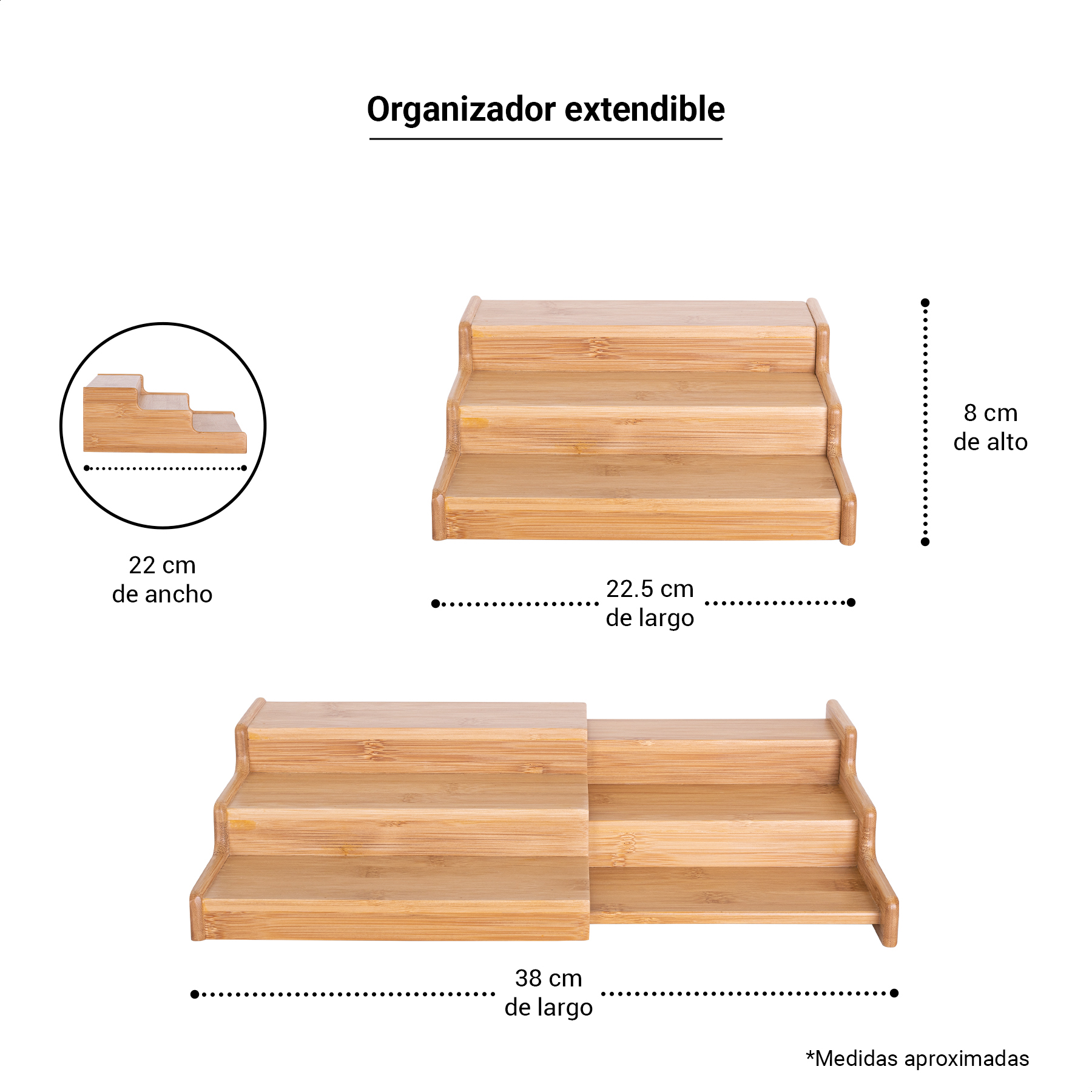 Estante organizador de alacena con 3 niveles de bambú extensible escalonado Tutti